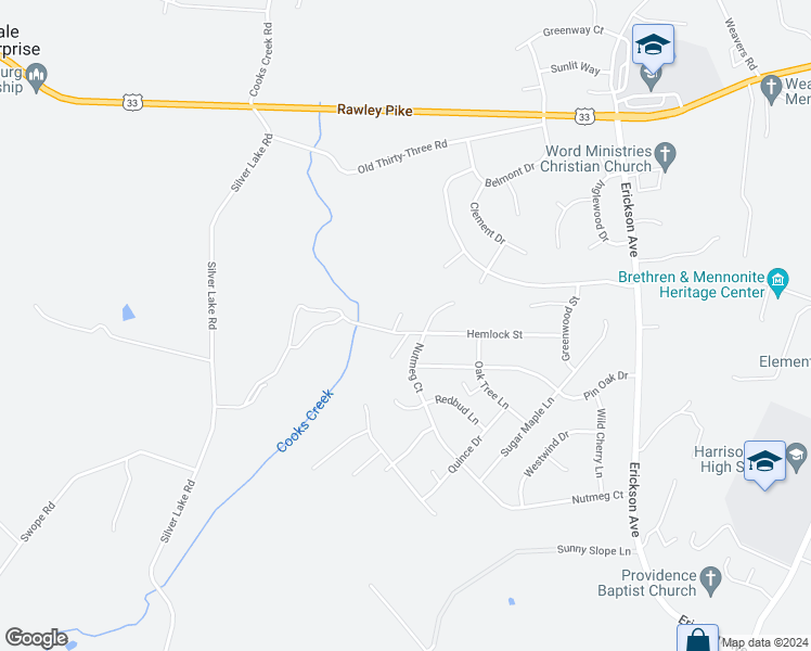 map of restaurants, bars, coffee shops, grocery stores, and more near 3364 Hemlock Street in Harrisonburg