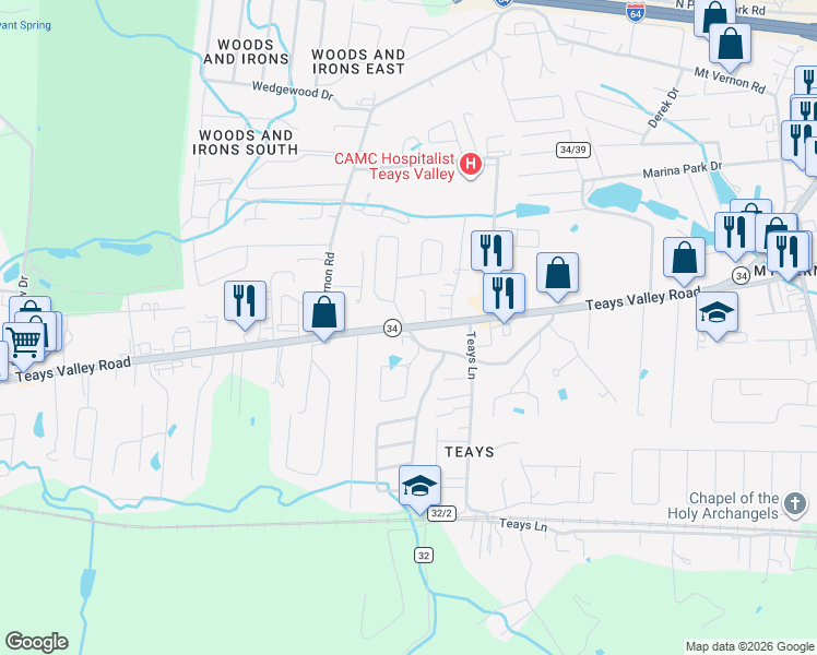 map of restaurants, bars, coffee shops, grocery stores, and more near 3508 Teays Valley Rd in Hurricane