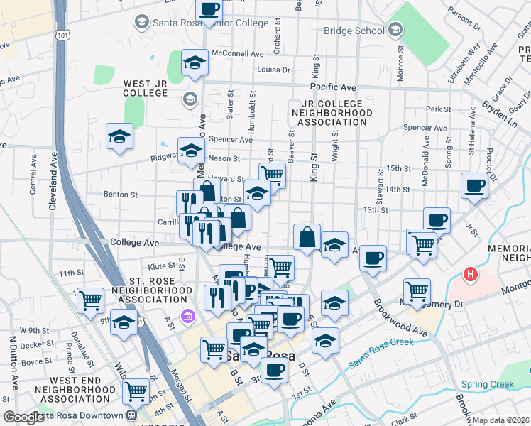map of restaurants, bars, coffee shops, grocery stores, and more near 756 Humboldt Street in Santa Rosa
