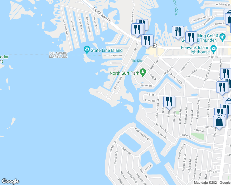 map of restaurants, bars, coffee shops, grocery stores, and more near 12 Bella Vista Lane in Ocean City