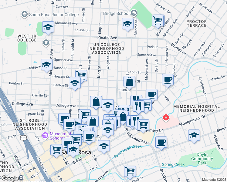 map of restaurants, bars, coffee shops, grocery stores, and more near 622 Wright Street in Santa Rosa