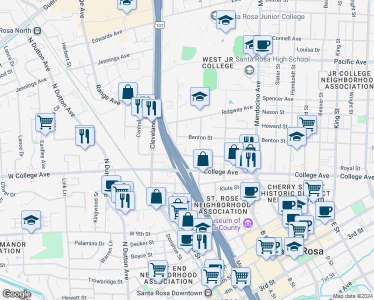 map of restaurants, bars, coffee shops, grocery stores, and more near 200 Carrillo Street in Santa Rosa