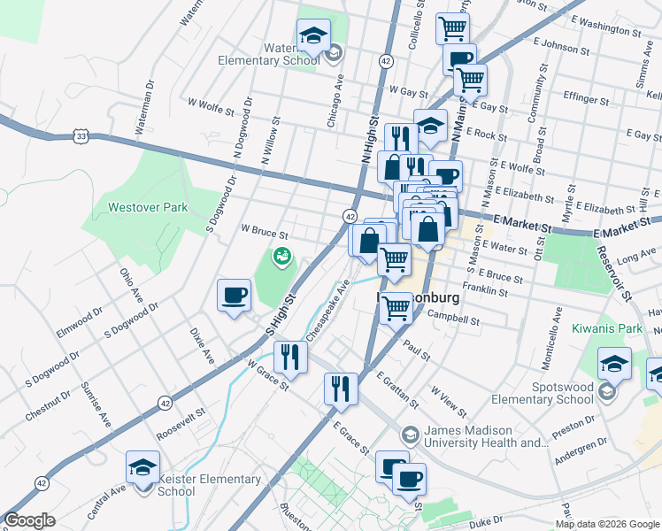 map of restaurants, bars, coffee shops, grocery stores, and more near 264 South High Street in Harrisonburg