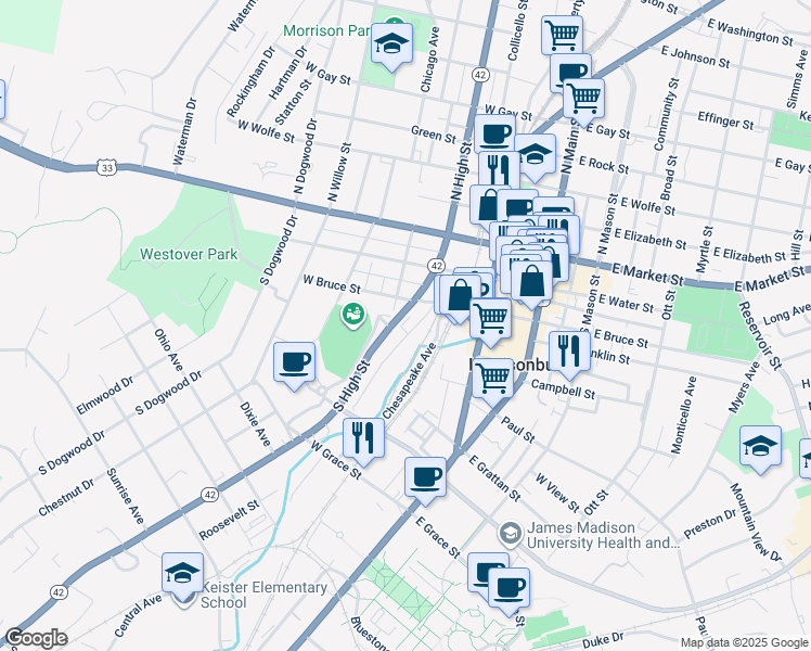 map of restaurants, bars, coffee shops, grocery stores, and more near 264 South High Street in Harrisonburg