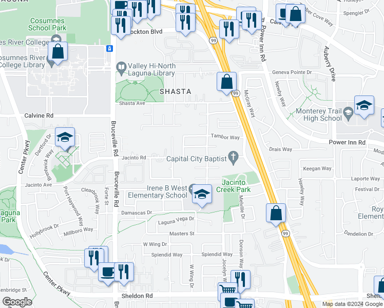 map of restaurants, bars, coffee shops, grocery stores, and more near 7821 Jacinto Road in Elk Grove