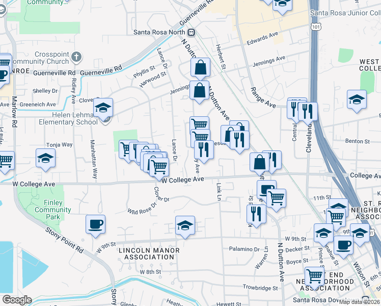 map of restaurants, bars, coffee shops, grocery stores, and more near 400 Tesconi Circle in Santa Rosa