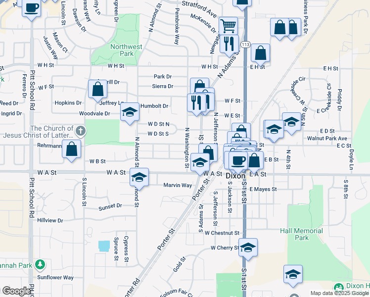 map of restaurants, bars, coffee shops, grocery stores, and more near 320 North Washington Street in Dixon