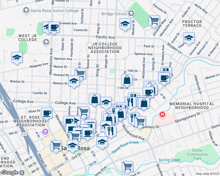 map of restaurants, bars, coffee shops, grocery stores, and more near 1024 14th Street in Santa Rosa