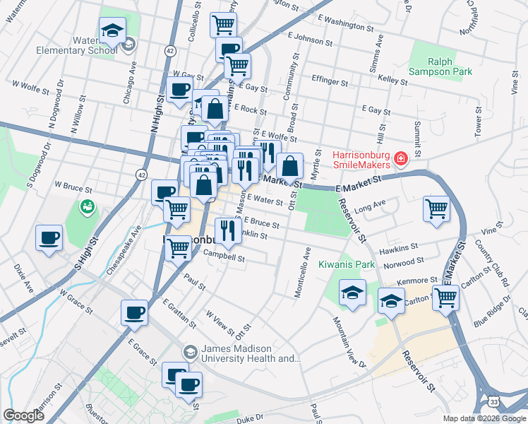 map of restaurants, bars, coffee shops, grocery stores, and more near 242 East Water Street in Harrisonburg