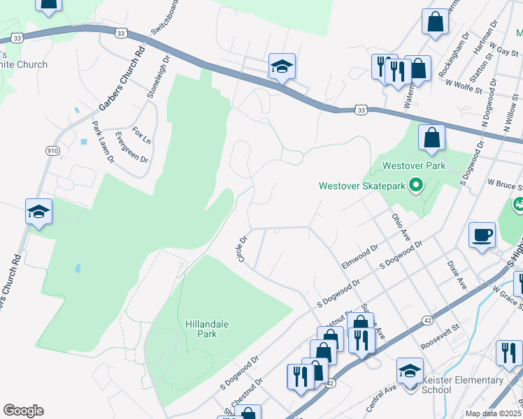 map of restaurants, bars, coffee shops, grocery stores, and more near 730 Wyndham Woods Circle in Harrisonburg