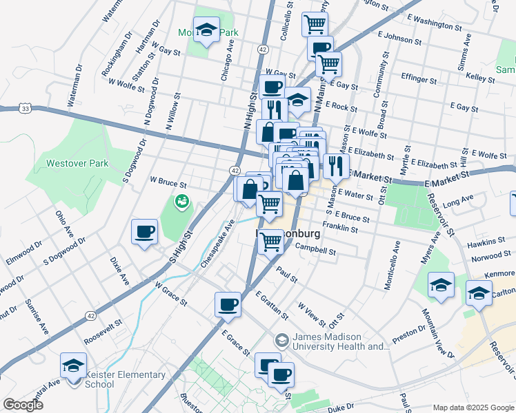 map of restaurants, bars, coffee shops, grocery stores, and more near 126 West Bruce Street in Harrisonburg