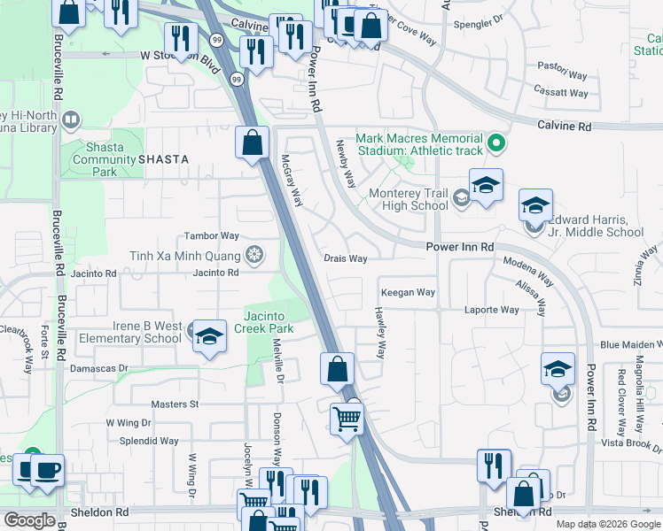 map of restaurants, bars, coffee shops, grocery stores, and more near 8544 McGray Way in Elk Grove
