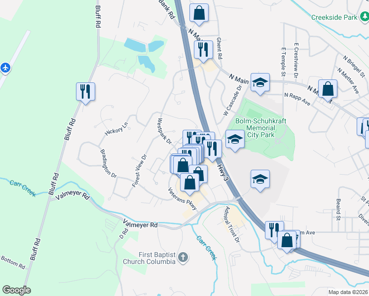 map of restaurants, bars, coffee shops, grocery stores, and more near 16 Eaglecrest Court in Columbia