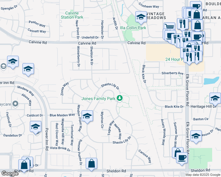 map of restaurants, bars, coffee shops, grocery stores, and more near 8523 Pinedrops Court in Elk Grove