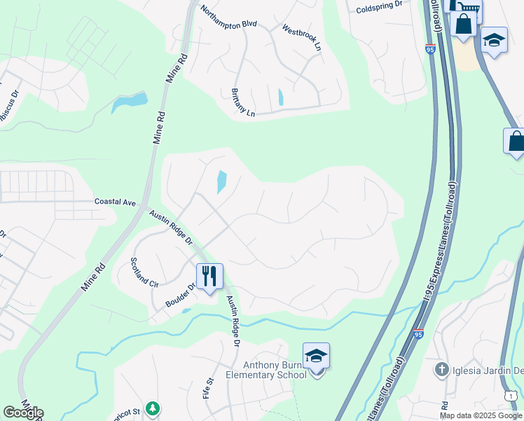 map of restaurants, bars, coffee shops, grocery stores, and more near 2 Jamestown Court in Stafford