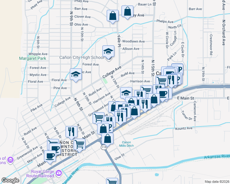 map of restaurants, bars, coffee shops, grocery stores, and more near 1302 Rudd Avenue in Cañon City
