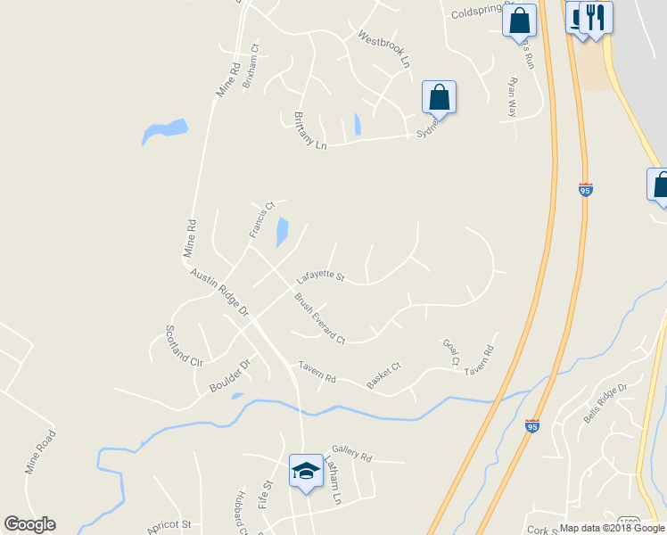 map of restaurants, bars, coffee shops, grocery stores, and more near 2 Jamestown Court in Stafford