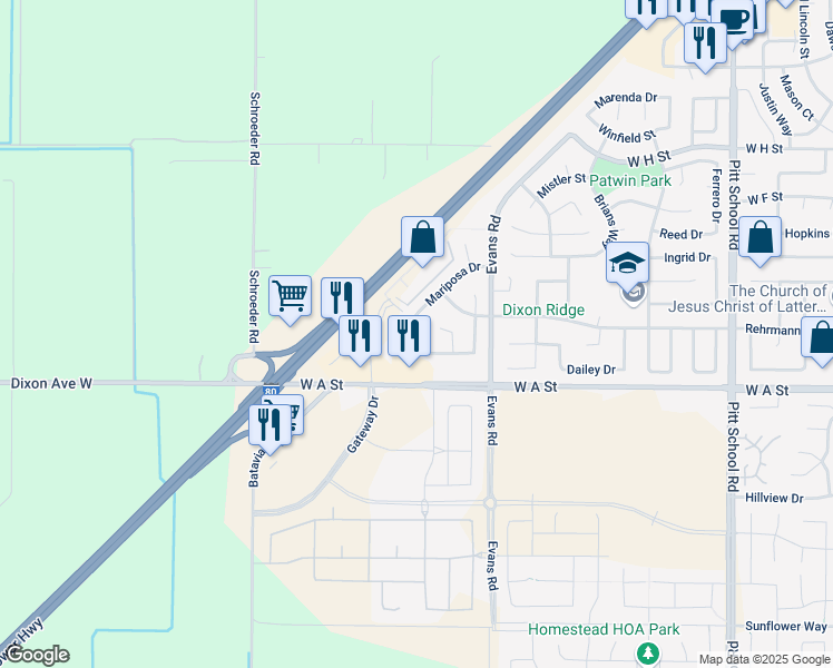 map of restaurants, bars, coffee shops, grocery stores, and more near 2255 Mariposa Drive in Dixon