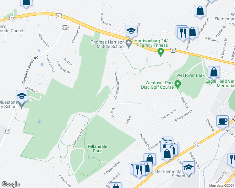 map of restaurants, bars, coffee shops, grocery stores, and more near 740 Wyndham Woods Circle in Harrisonburg