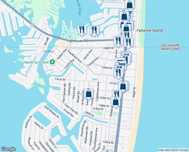map of restaurants, bars, coffee shops, grocery stores, and more near 402 142nd Street in Ocean City