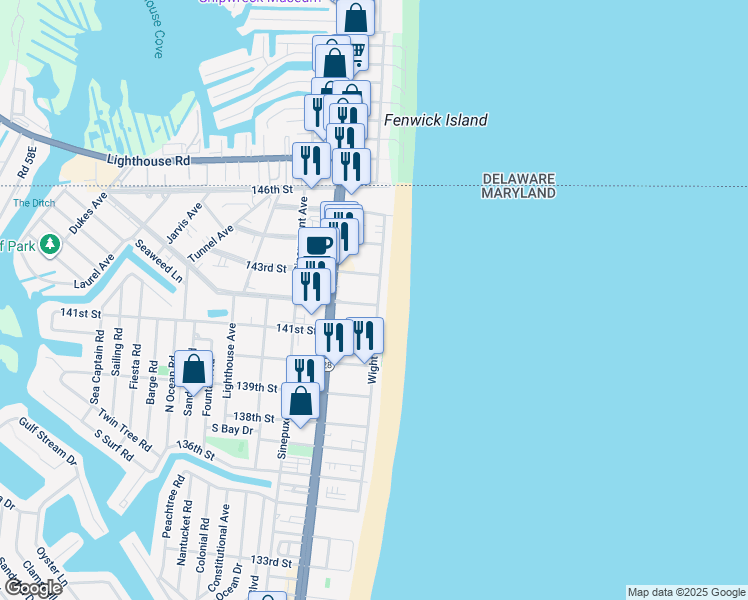 map of restaurants, bars, coffee shops, grocery stores, and more near 14 142nd Street in Ocean City