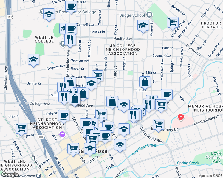 map of restaurants, bars, coffee shops, grocery stores, and more near 922 Benton Street in Santa Rosa