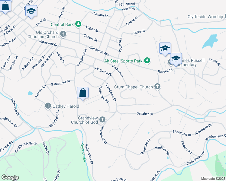 map of restaurants, bars, coffee shops, grocery stores, and more near 4321 Cs-2050 in Ashland