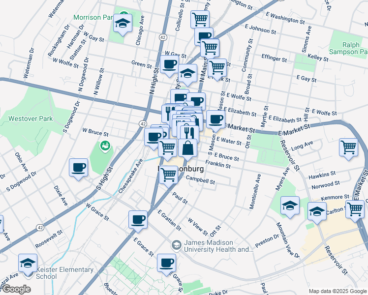 map of restaurants, bars, coffee shops, grocery stores, and more near 30 West Bruce Street in Harrisonburg