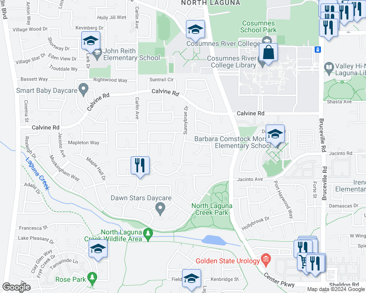 map of restaurants, bars, coffee shops, grocery stores, and more near 8556 Sunnybrae Drive in Sacramento