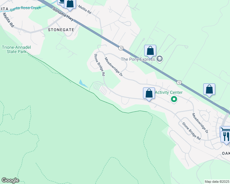 map of restaurants, bars, coffee shops, grocery stores, and more near 6325 Stone Bridge Road in Santa Rosa