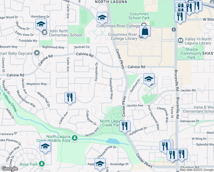 map of restaurants, bars, coffee shops, grocery stores, and more near 6466 Sunnyfield Way in Sacramento