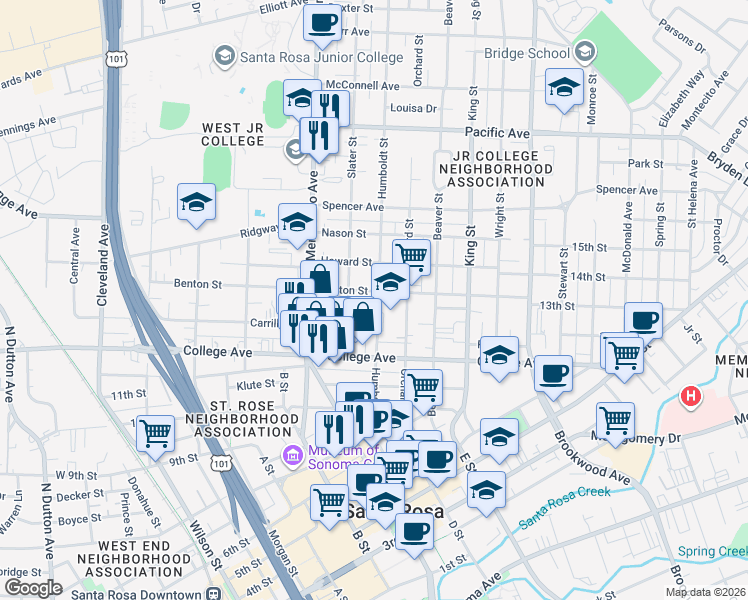 map of restaurants, bars, coffee shops, grocery stores, and more near 807 Humboldt Street in Santa Rosa