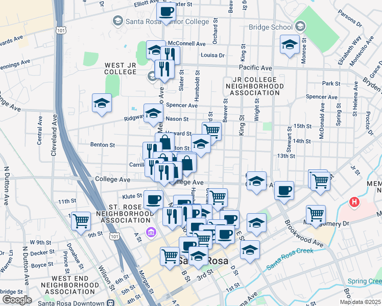 map of restaurants, bars, coffee shops, grocery stores, and more near 807 Humboldt Street in Santa Rosa