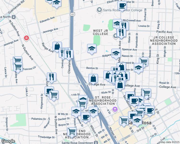 map of restaurants, bars, coffee shops, grocery stores, and more near 300 Benton Street in Santa Rosa