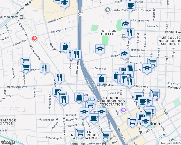 map of restaurants, bars, coffee shops, grocery stores, and more near 212 Benton Street in Santa Rosa