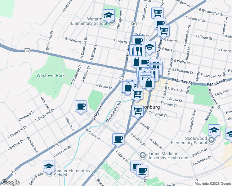 map of restaurants, bars, coffee shops, grocery stores, and more near 287 West Bruce Street in Harrisonburg