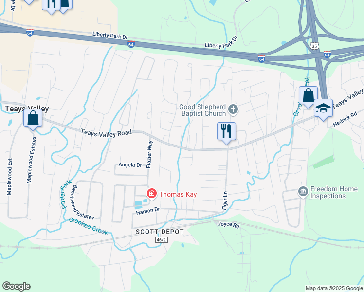 map of restaurants, bars, coffee shops, grocery stores, and more near 48 Wesley Lane in Teays Valley