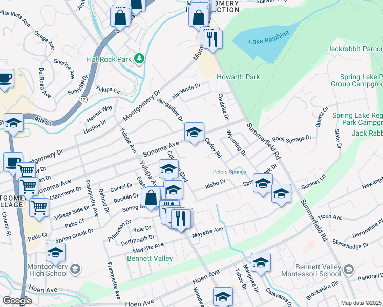 map of restaurants, bars, coffee shops, grocery stores, and more near 3500 Sonoma Avenue in Santa Rosa