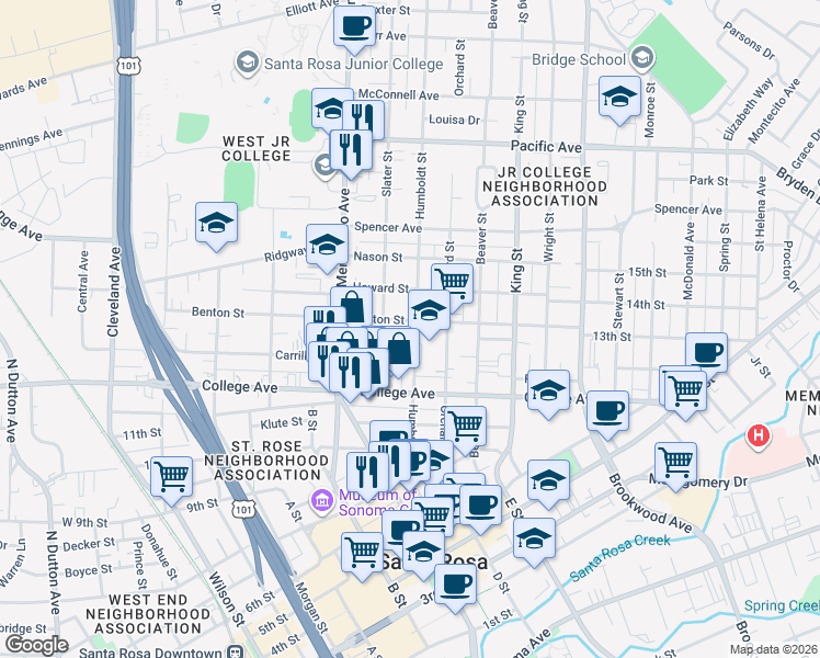 map of restaurants, bars, coffee shops, grocery stores, and more near 807 Humboldt Street in Santa Rosa