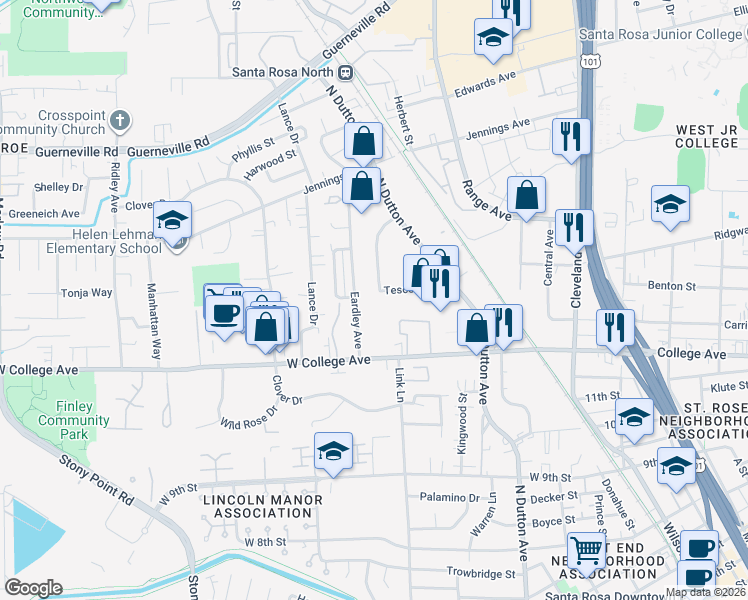 map of restaurants, bars, coffee shops, grocery stores, and more near 400 Tesconi Circle in Santa Rosa