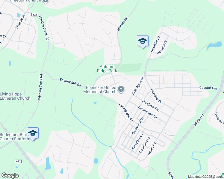 map of restaurants, bars, coffee shops, grocery stores, and more near 18 Gray Birch Lane in Stafford