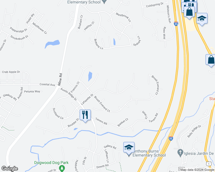 map of restaurants, bars, coffee shops, grocery stores, and more near 4 Jamestown Court in Stafford