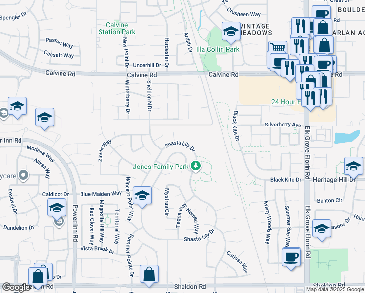 map of restaurants, bars, coffee shops, grocery stores, and more near 8909 Shasta Lily Drive in Elk Grove