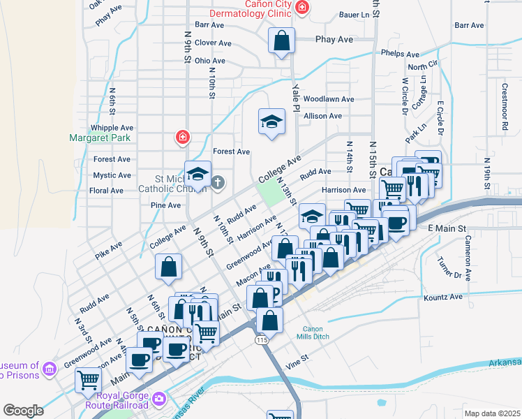 map of restaurants, bars, coffee shops, grocery stores, and more near 474-498 North 12th Street in Cañon City