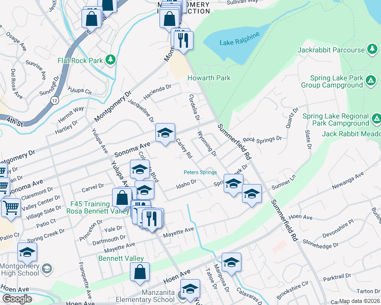 map of restaurants, bars, coffee shops, grocery stores, and more near 764 Carley Road in Santa Rosa