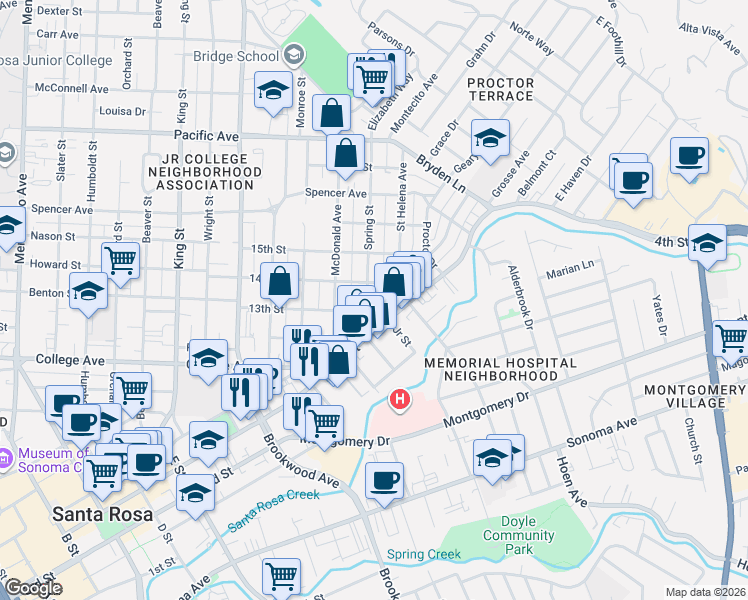 map of restaurants, bars, coffee shops, grocery stores, and more near 829 Spring Street in Santa Rosa