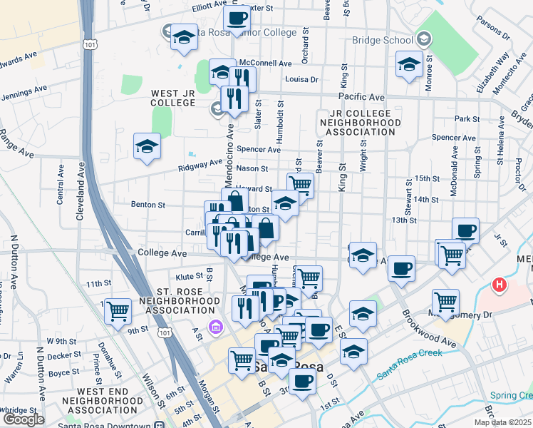 map of restaurants, bars, coffee shops, grocery stores, and more near 807 Humboldt Street in Santa Rosa
