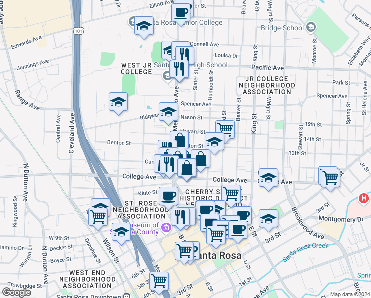 map of restaurants, bars, coffee shops, grocery stores, and more near 529 Benton Street in Santa Rosa