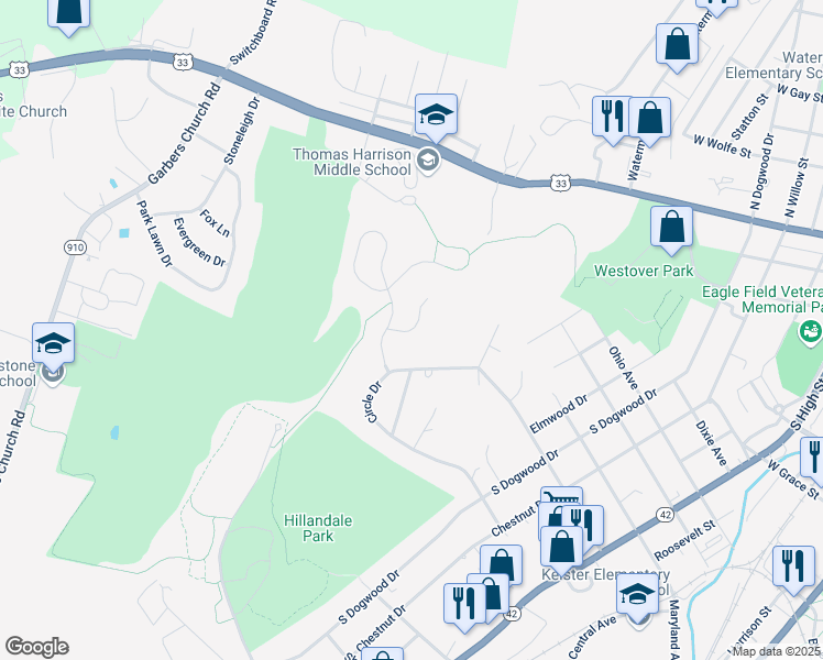 map of restaurants, bars, coffee shops, grocery stores, and more near 730 Wyndham Woods Circle in Harrisonburg