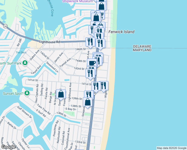 map of restaurants, bars, coffee shops, grocery stores, and more near in Ocean City